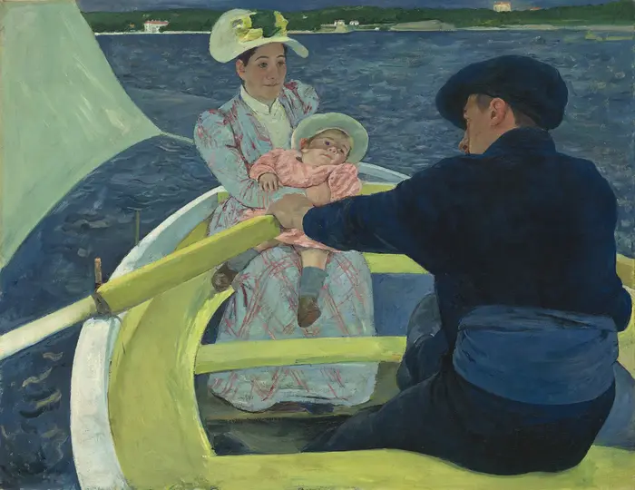 Matka z małym dzieckiem na kolanach płynie łodzią, obraz Mary Cassatt