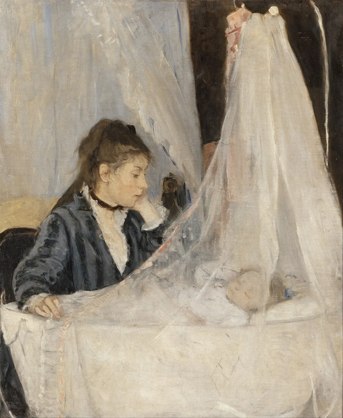Matka czuwa przy kołysce śpiącego niemowlęcia, obraz Berthe Morisot